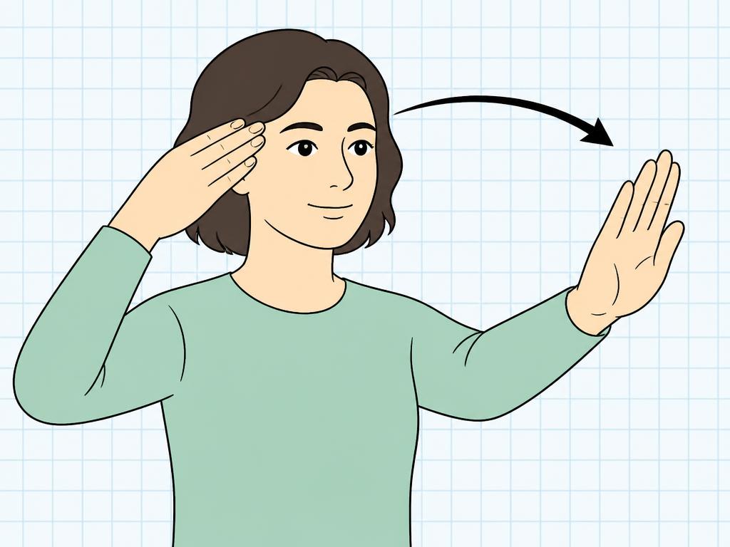 Annotated illustration of the ASL sign for hello, with an arrow showing the hand arcing outward from the temple